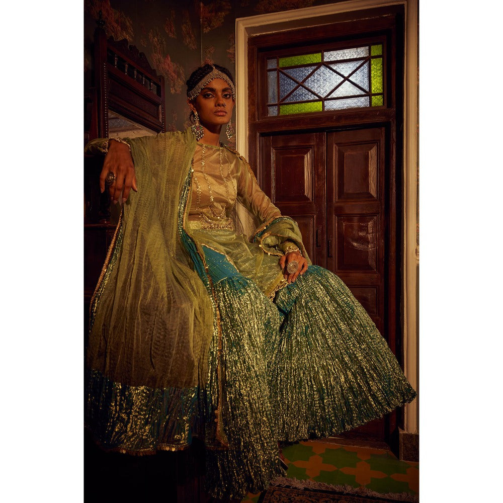 Etasha by Asha Jain Green Embellished Kurta with Sharara and Dupatta (Set of 3)