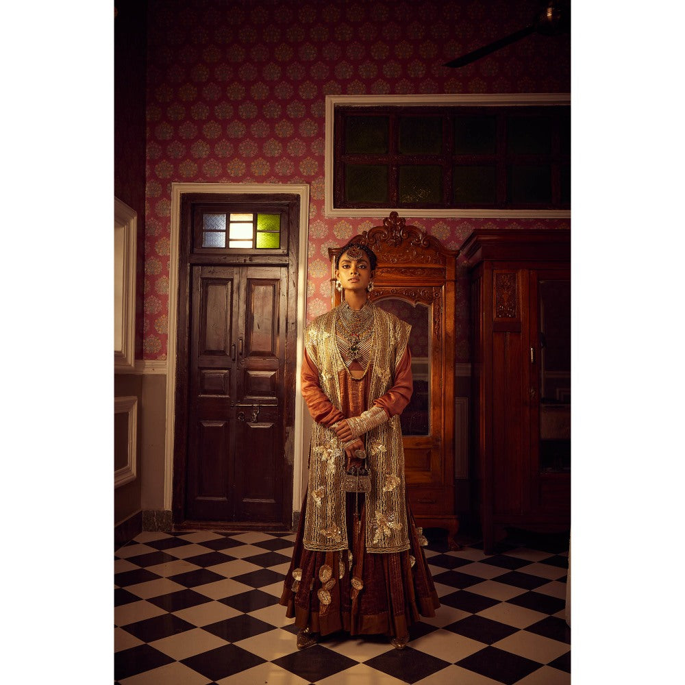 Etasha by Asha Jain Brown Bustier with Short Kurta, Sharara and Jacket (Set of 4)