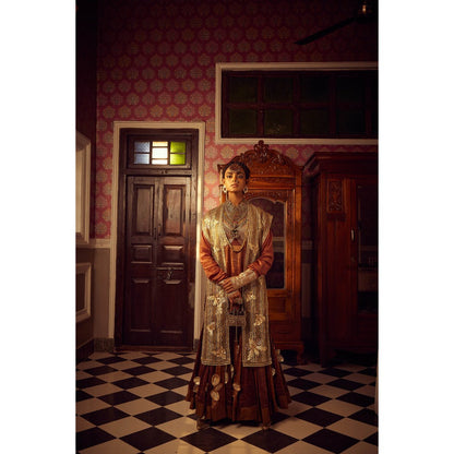 Etasha by Asha Jain Brown Bustier with Short Kurta, Sharara and Jacket (Set of 4)