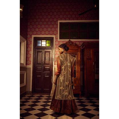 Etasha by Asha Jain Brown Bustier with Short Kurta, Sharara and Jacket (Set of 4)