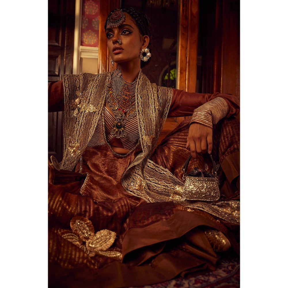 Etasha by Asha Jain Brown Bustier with Short Kurta, Sharara and Jacket (Set of 4)