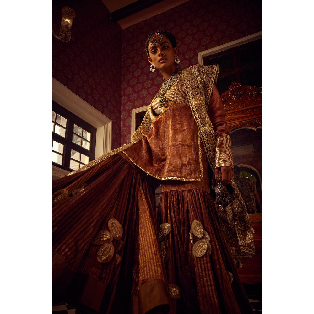 Etasha by Asha Jain Brown Bustier with Short Kurta, Sharara and Jacket (Set of 4)