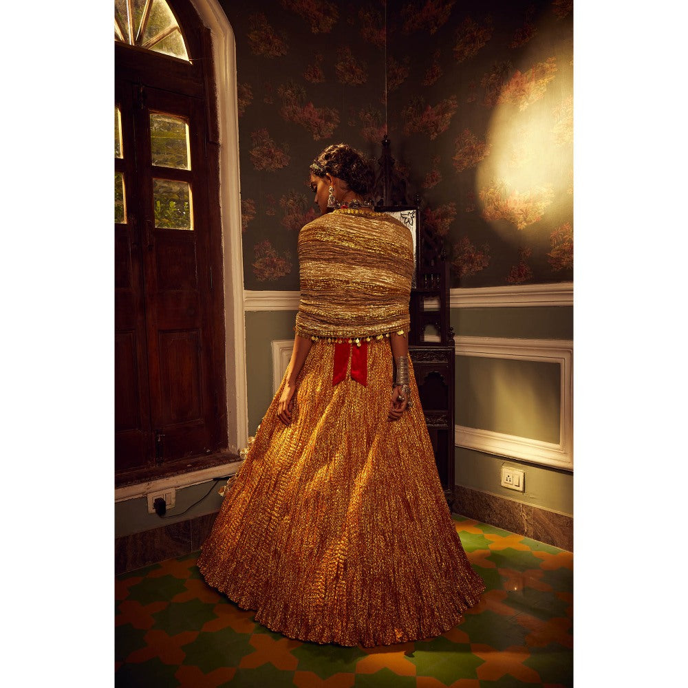 Etasha by Asha Jain Gold Flock Lehenga with Blouse and Dupatta (Set of 3)