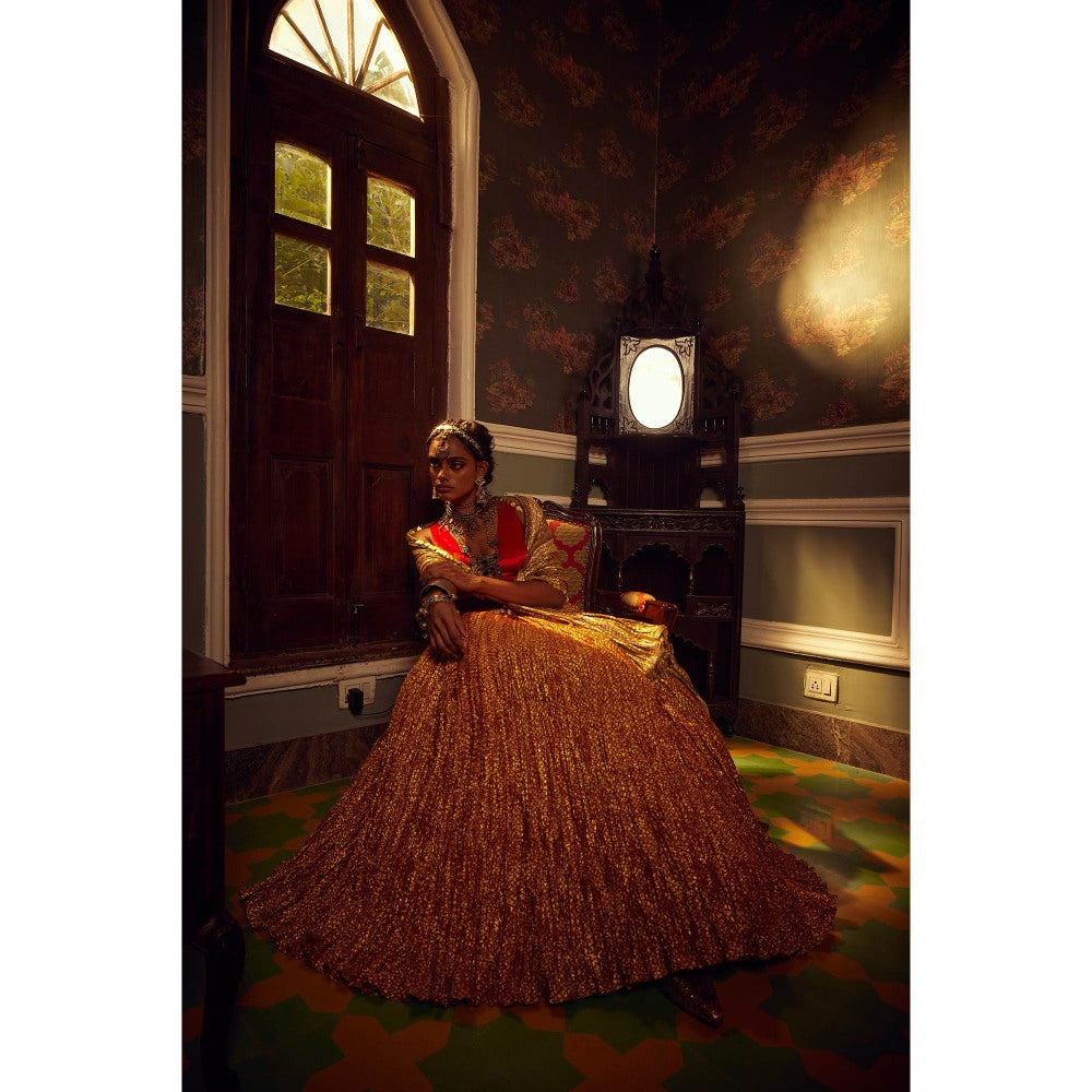 Etasha by Asha Jain Gold Flock Lehenga with Blouse and Dupatta (Set of 3)