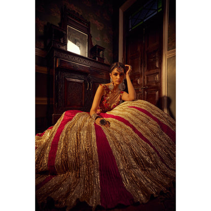 Etasha by Asha Jain Gold Fuschia Textured Flared Lehenga with Blouse and Dupatta (Set of 3)