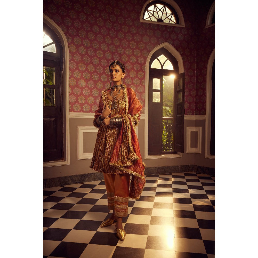 Etasha by Asha Jain The Rust Flared Kurta with Pant and Dupatta (Set of 3)
