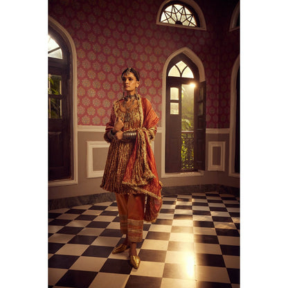Etasha by Asha Jain The Rust Flared Kurta with Pant and Dupatta (Set of 3)