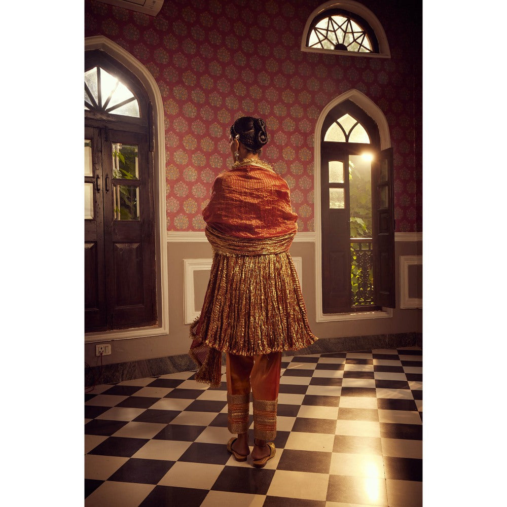 Etasha by Asha Jain The Rust Flared Kurta with Pant and Dupatta (Set of 3)
