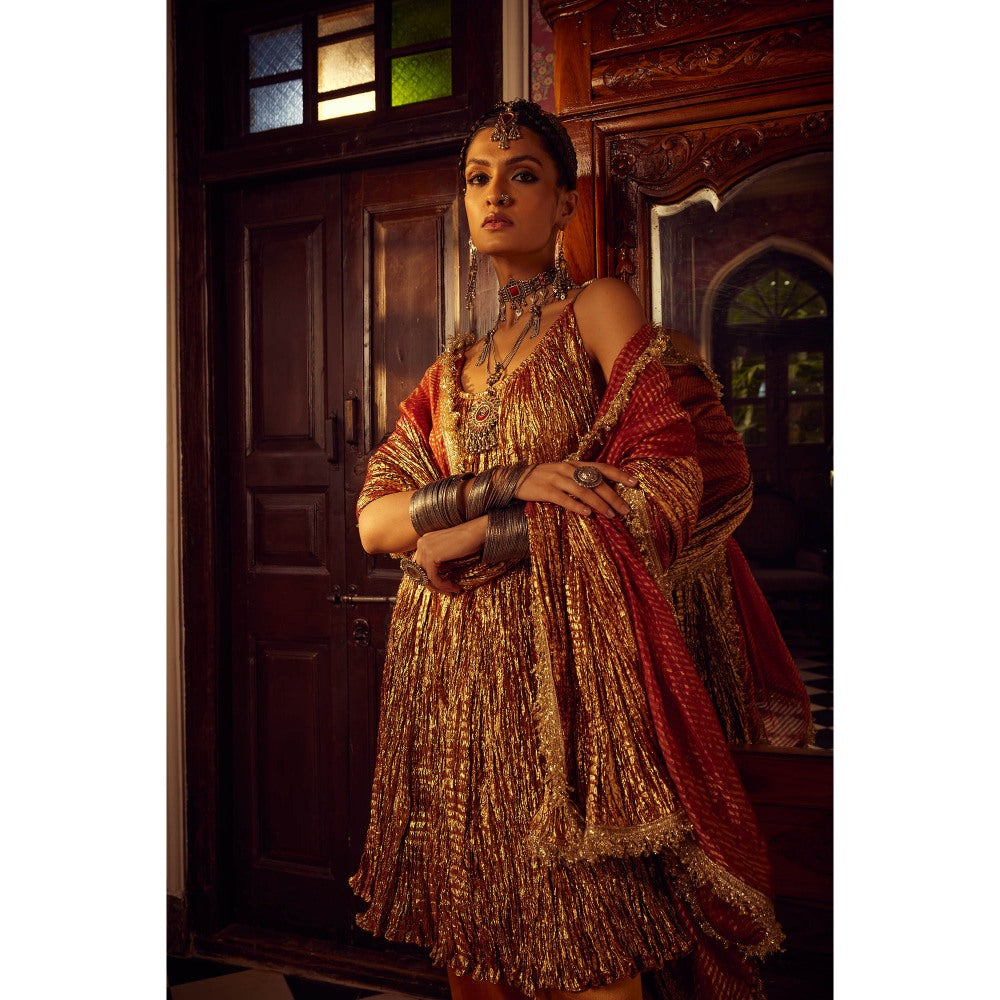 Etasha by Asha Jain The Rust Flared Kurta with Pant and Dupatta (Set of 3)