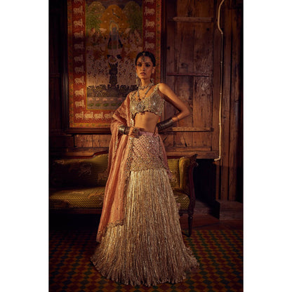 Etasha by Asha Jain Pink Embellished Mirror Blouse with Lehenga and Dupatta (Set of 3)