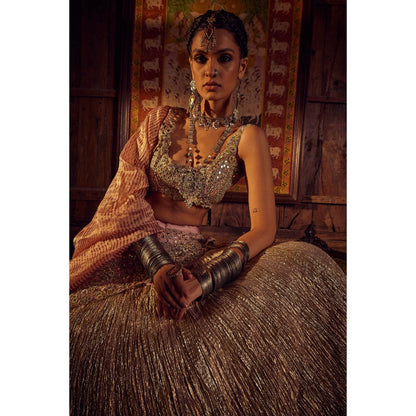 Etasha by Asha Jain Pink Embellished Mirror Blouse with Lehenga and Dupatta (Set of 3)