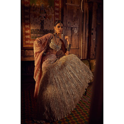 Etasha by Asha Jain Pink Embellished Mirror Blouse with Lehenga and Dupatta (Set of 3)