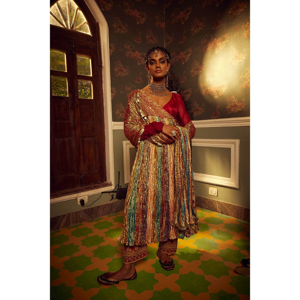 Etasha by Asha Jain Maroon Embellished Angrakha with Dupatta and Pant (Set of 3)