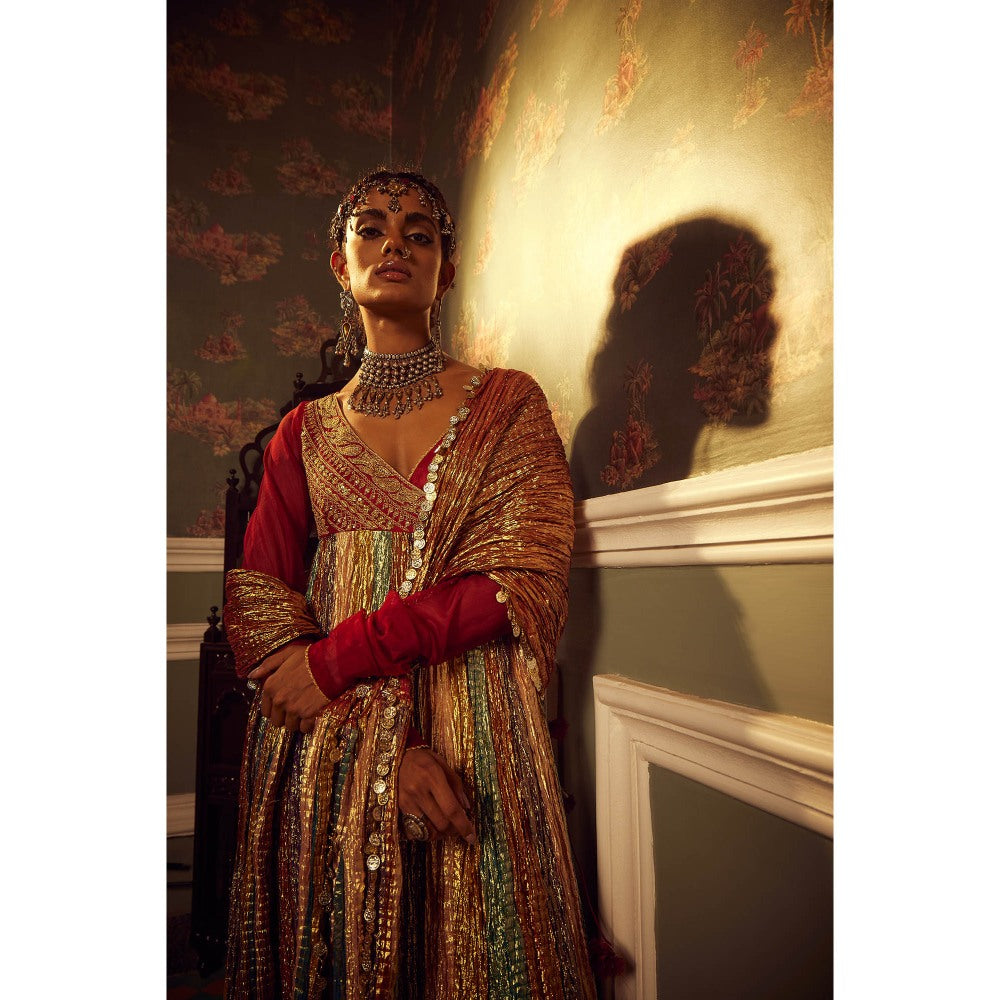 Etasha by Asha Jain Maroon Embellished Angrakha with Dupatta and Pant (Set of 3)