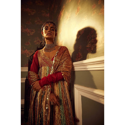 Etasha by Asha Jain Maroon Embellished Angrakha with Dupatta and Pant (Set of 3)