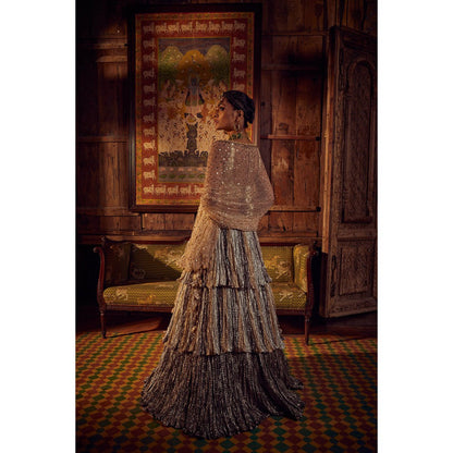 Etasha by Asha Jain Silver Lehenga with Blouse and Embellished Dupatta (Set of 3)