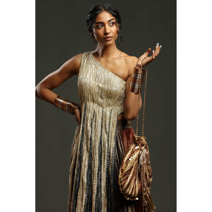 Etasha by Asha Jain The Metallic One Shoulder Flared Top with Skirt (Set of 2)