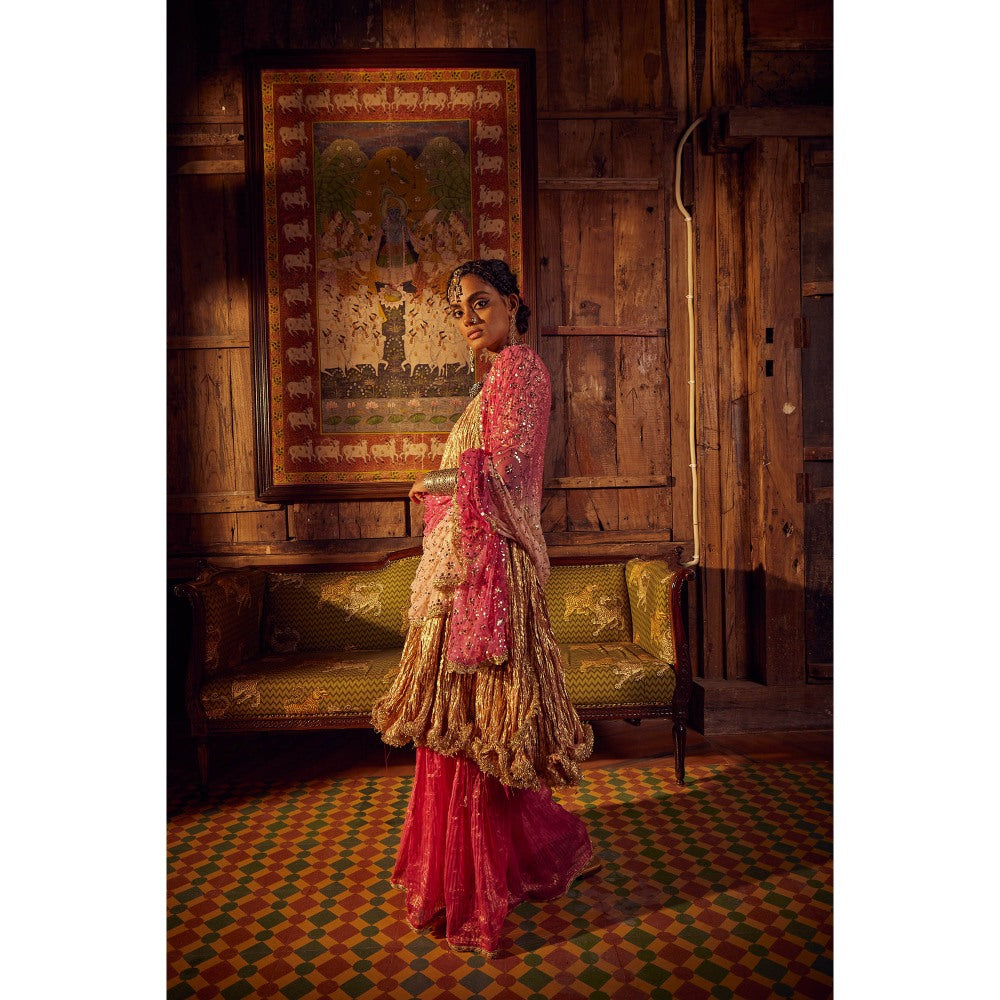 Etasha by Asha Jain Pink Sharara with Kurta and Heavily Embellished Dupatta (Set of 3)