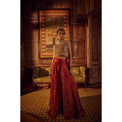 Etasha by Asha Jain Embellished Crop Top with A Gold Striped Flared Palazzo (Set of 2)