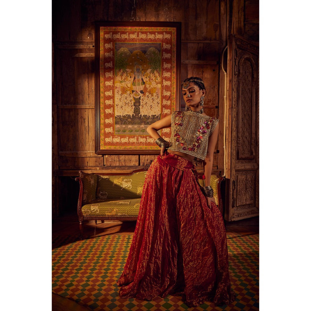 Etasha by Asha Jain Embellished Crop Top with A Gold Striped Flared Palazzo (Set of 2)