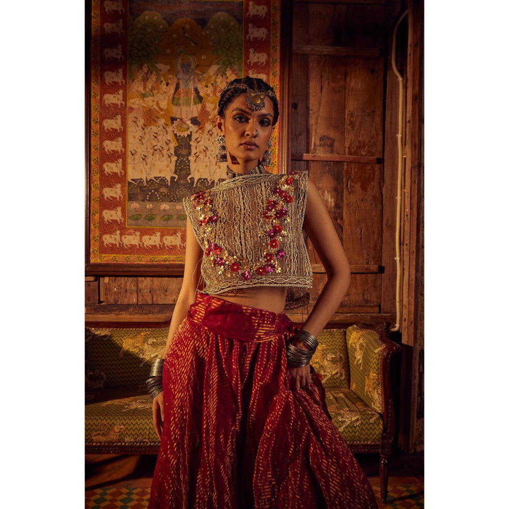 Etasha by Asha Jain Embellished Crop Top with A Gold Striped Flared Palazzo (Set of 2)