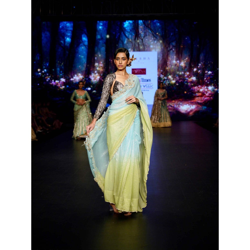 Etasha by Asha Jain Lime Green Saree with Stitched Blouse and Jacket