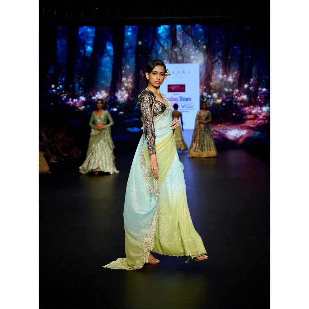 Etasha by Asha Jain Lime Green Saree with Stitched Blouse and Jacket