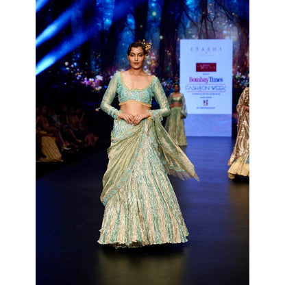 Etasha by Asha Jain Sea Green Embellished Pre-Draped Saree with Stitched Blouse