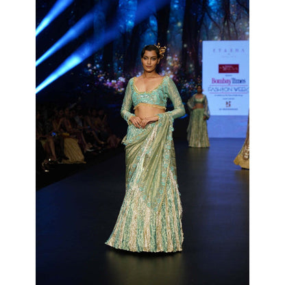 Etasha by Asha Jain Sea Green Embellished Pre-Draped Saree with Stitched Blouse