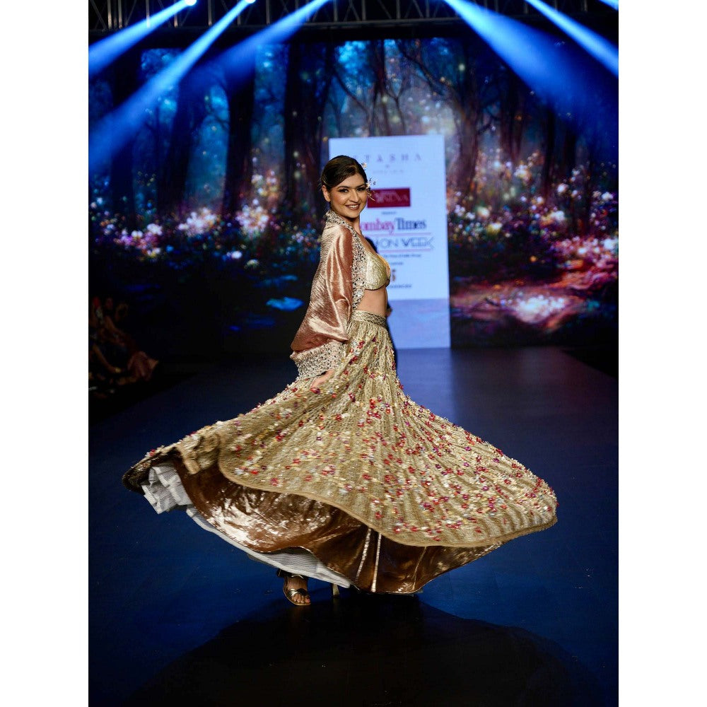 Etasha by Asha Jain Blush Pink Crochet Lehenga with Blouse and Jacket (Set of 3)