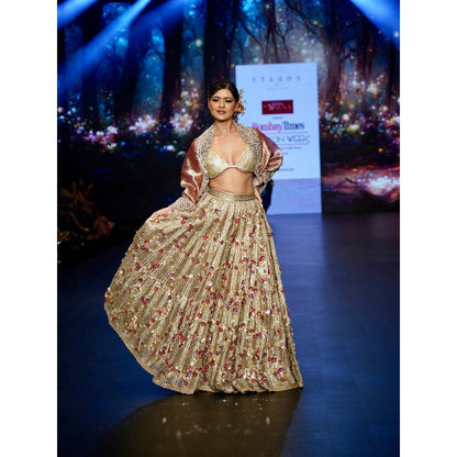 Etasha by Asha Jain Blush Pink Crochet Lehenga with Blouse and Jacket (Set of 3)