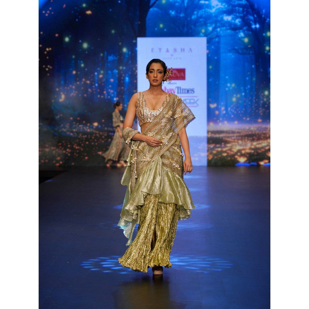 Etasha by Asha Jain Lime Green Embellished Pre-Draped Saree with Stitched Blouse