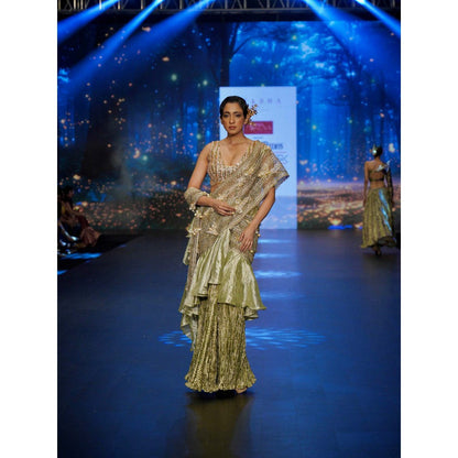 Etasha by Asha Jain Lime Green Embellished Pre-Draped Saree with Stitched Blouse