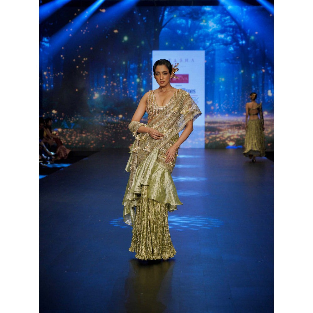 Etasha by Asha Jain Lime Green Embellished Pre-Draped Saree with Stitched Blouse