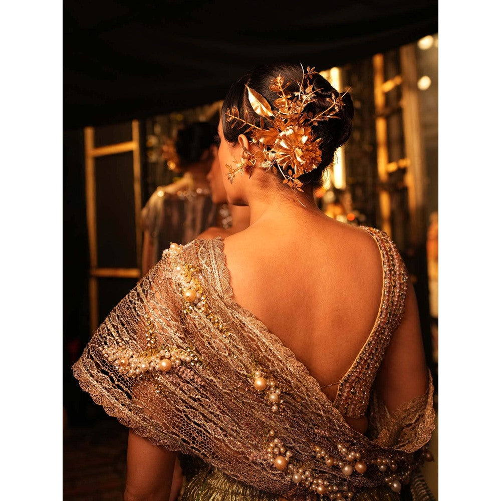 Etasha by Asha Jain Lime Green Embellished Pre-Draped Saree with Stitched Blouse