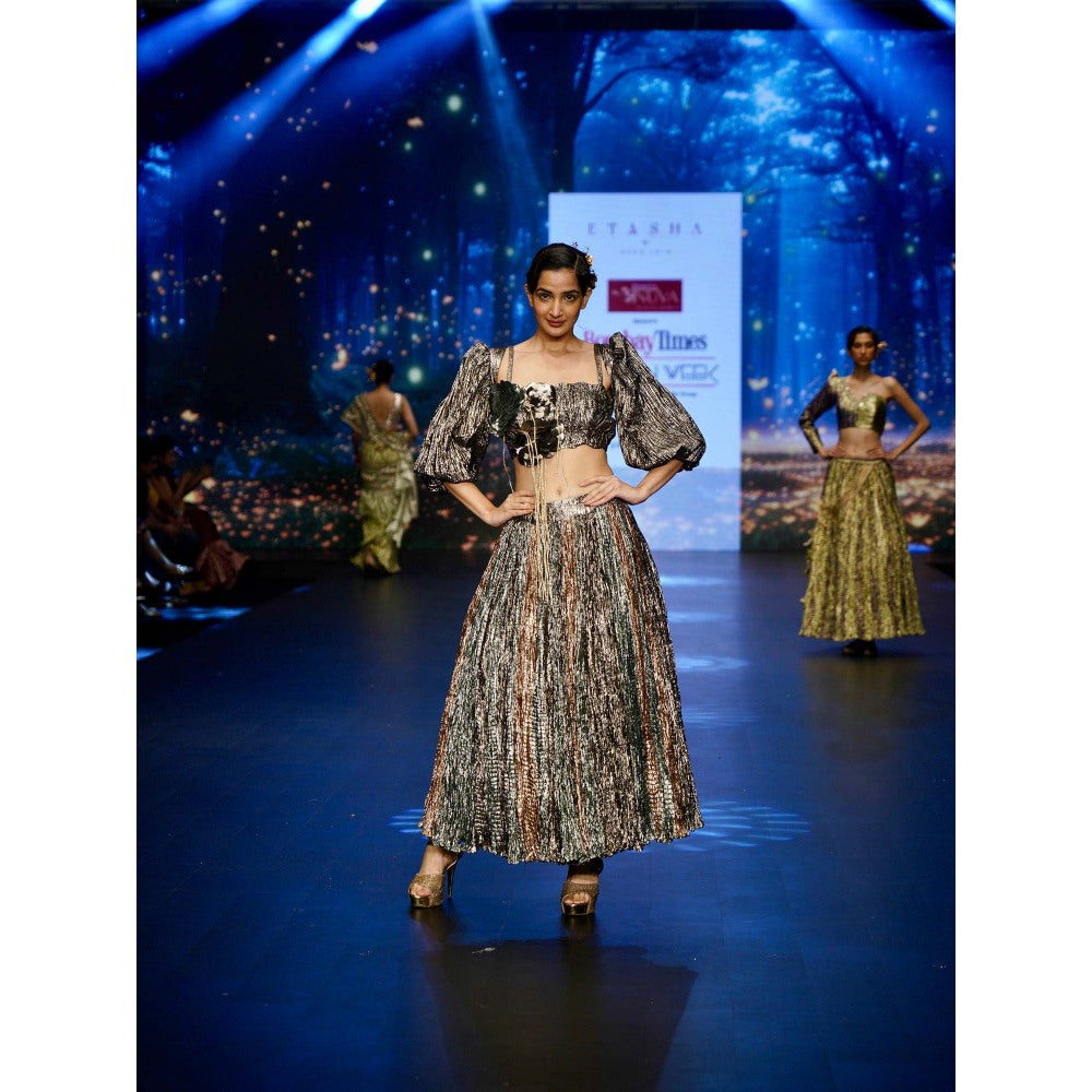 Etasha by Asha Jain Brown Gunmetal Metallic Tissue Jacket with Bustier and Lehenga (Set of 3)