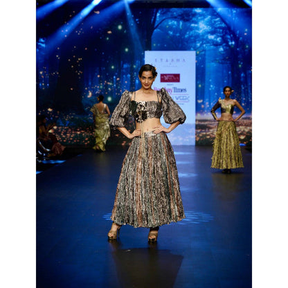 Etasha by Asha Jain Brown Gunmetal Metallic Tissue Jacket with Bustier and Lehenga (Set of 3)