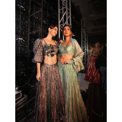 Etasha by Asha Jain Brown Gunmetal Metallic Tissue Jacket with Bustier and Lehenga (Set of 3)