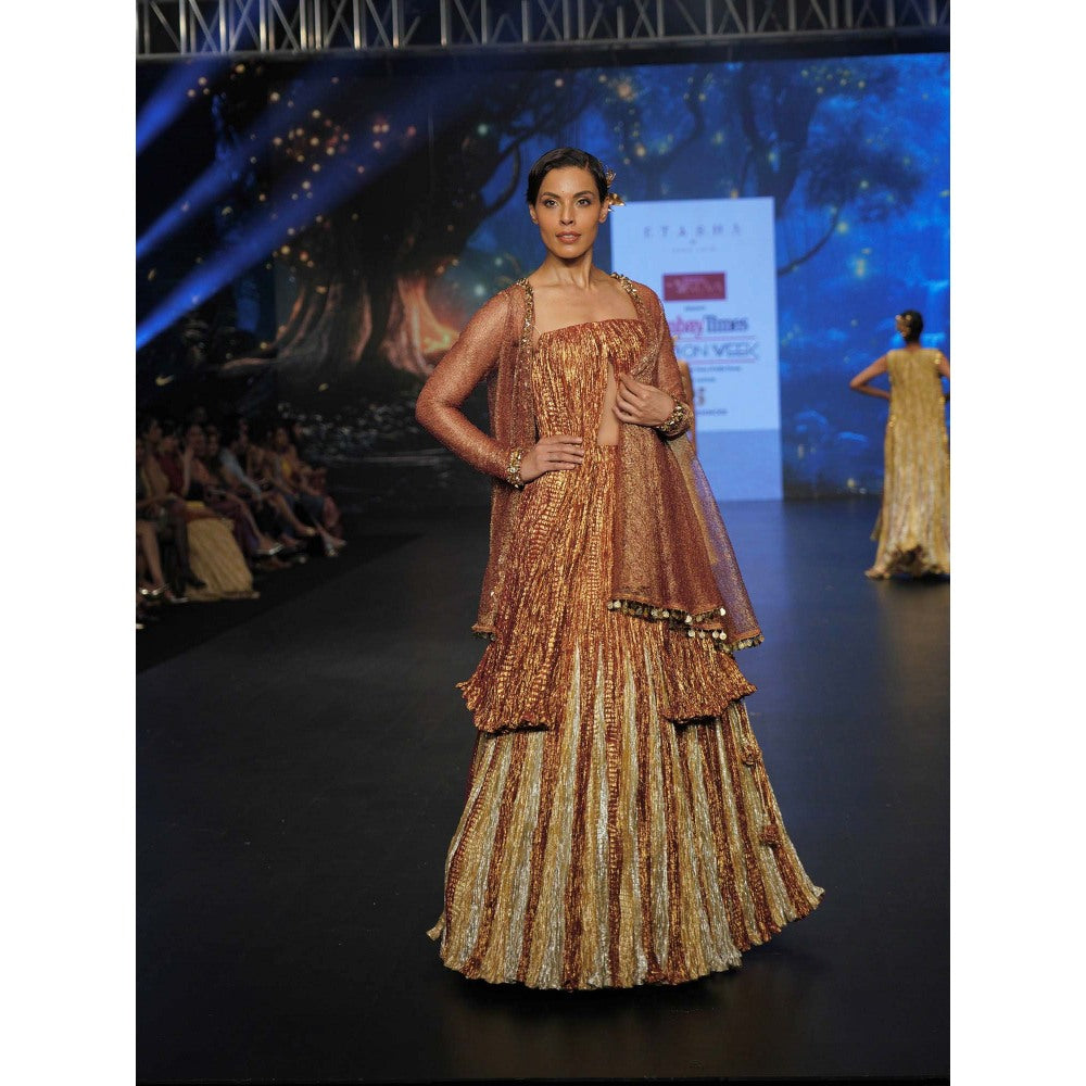 Etasha by Asha Jain Rust Lehenga with Kurta and Jacket (Set of 3)