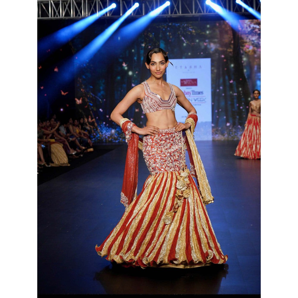 Etasha by Asha Jain Rust Classic Lehenga with Blouse and Dupatta (Set of 3)