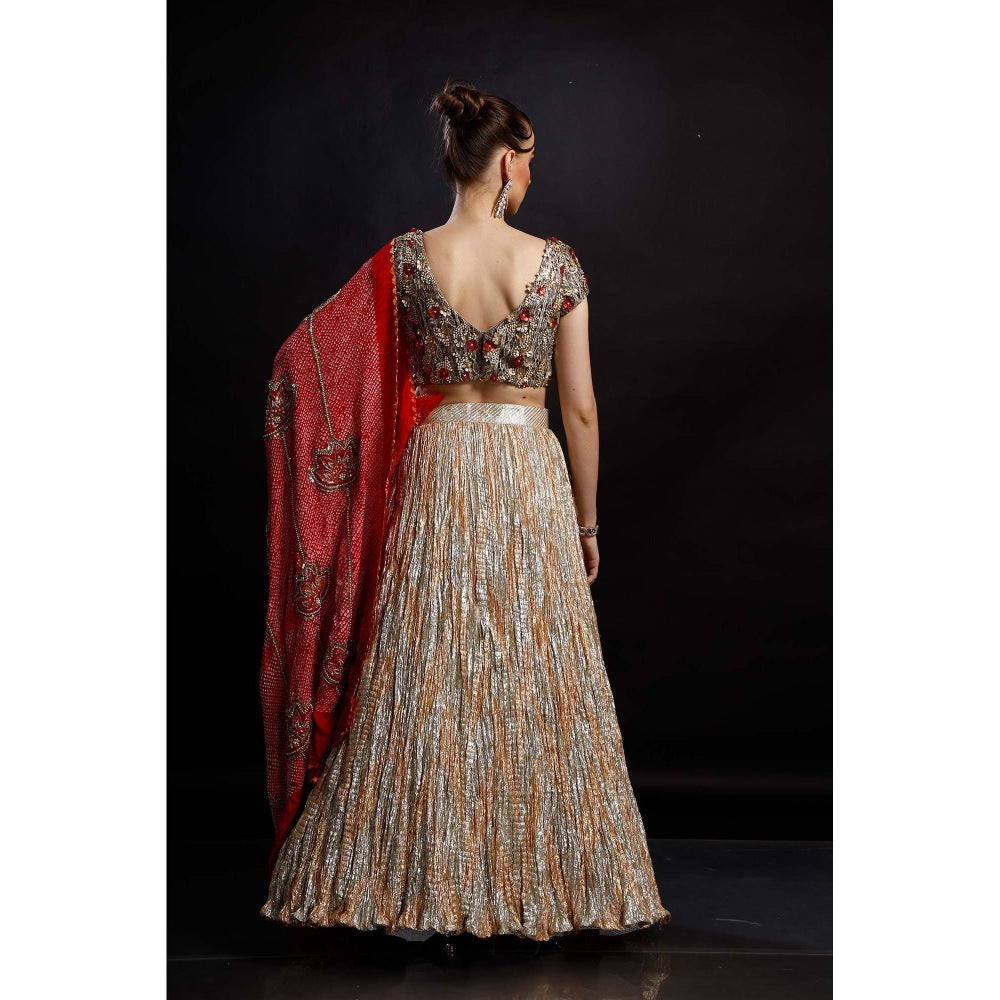 Etasha by Asha Jain Silver Lehenga with Blouse and Dupatta (Set of 3)