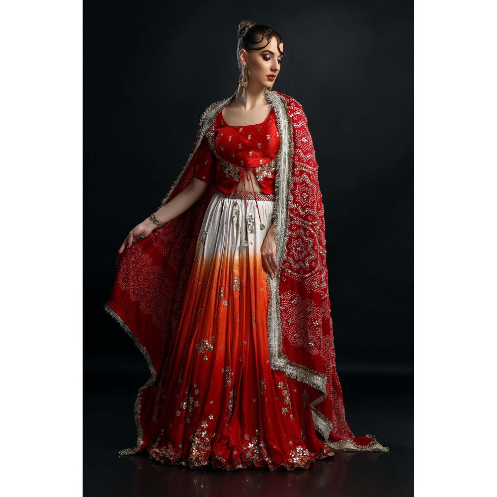Etasha by Asha Jain Red Classic Lehenga with Blouse, Dupatta and Jacket (Set of 4)