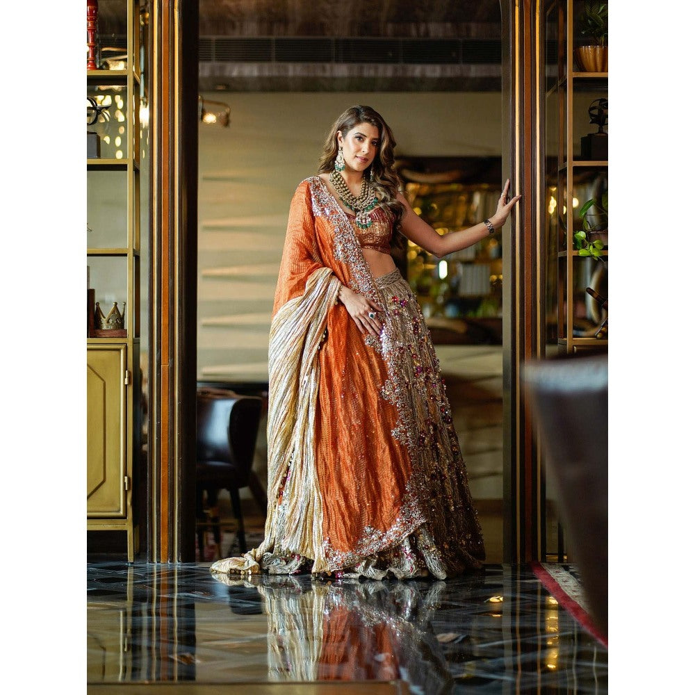Etasha by Asha Jain Orange Classic Lehenga with Bustier and Dupatta (Set of 3)