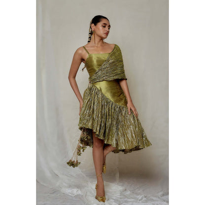 Etasha by Asha Jain Lime Green Dress with Drape (Set of 2)