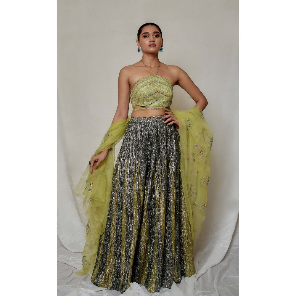 Etasha by Asha Jain Green Mirror , Dori Blouse with Dupatta and Palazzo (Set of 3)