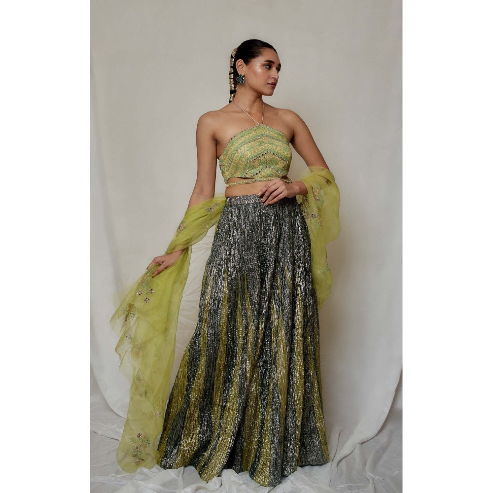 Etasha by Asha Jain Green Mirror , Dori Blouse with Dupatta and Palazzo (Set of 3)