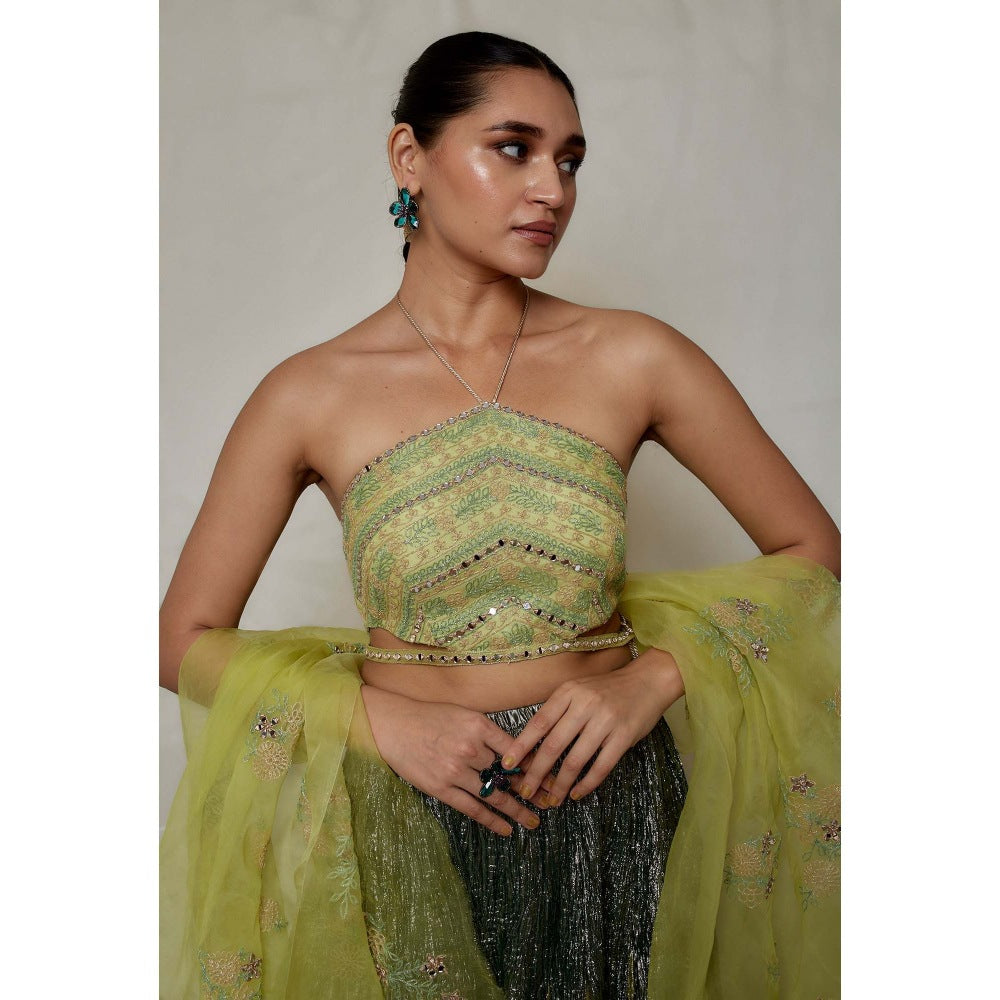 Etasha by Asha Jain Green Mirror , Dori Blouse with Dupatta and Palazzo (Set of 3)
