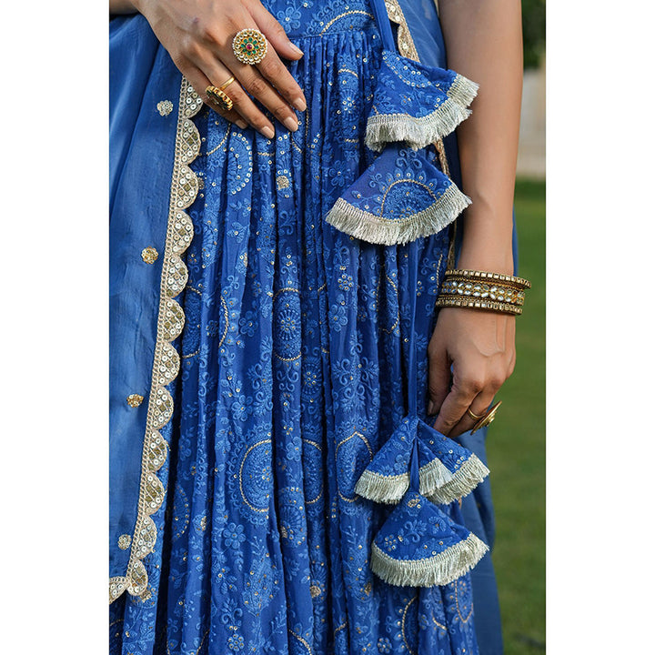 Everbloom Kabira Blue Lucknowi Embroidered Lehenga (Set of 3)