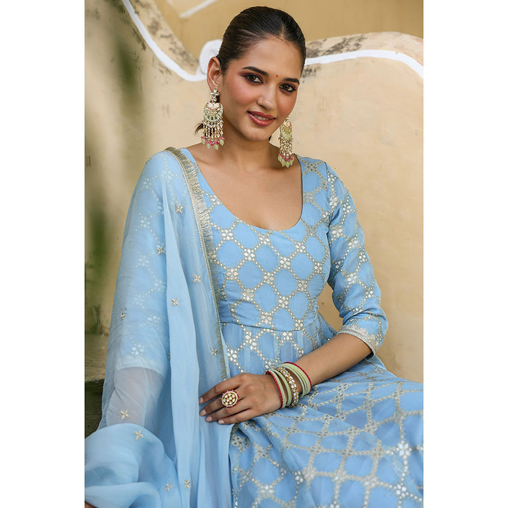 Everbloom Giva Powder Blue Jacquard Anarkali Suit With Dupatta (Set of 3)