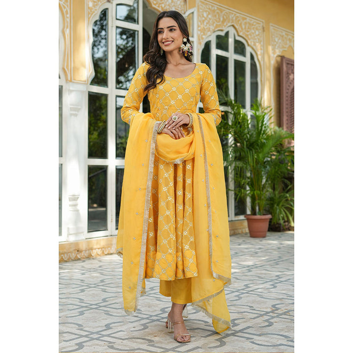 Everbloom Aradhya Yellow Jacquard Anarkali Suit With Dupatta (Set of 3)
